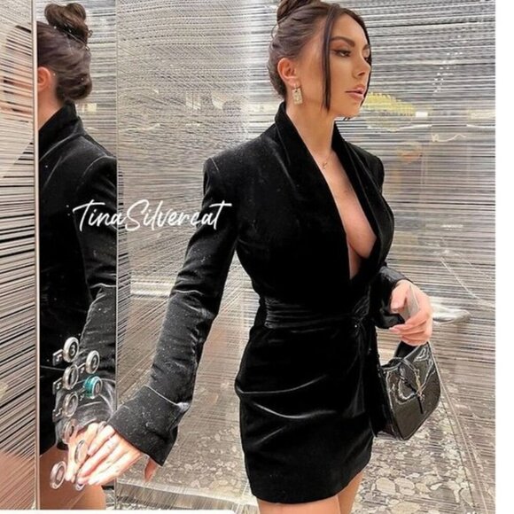 Zara Elegant Black Velvet Long Sleeve Dress - Picture 4 of 12